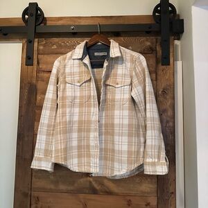 Plaid Button-Up Shirt in White and Tan